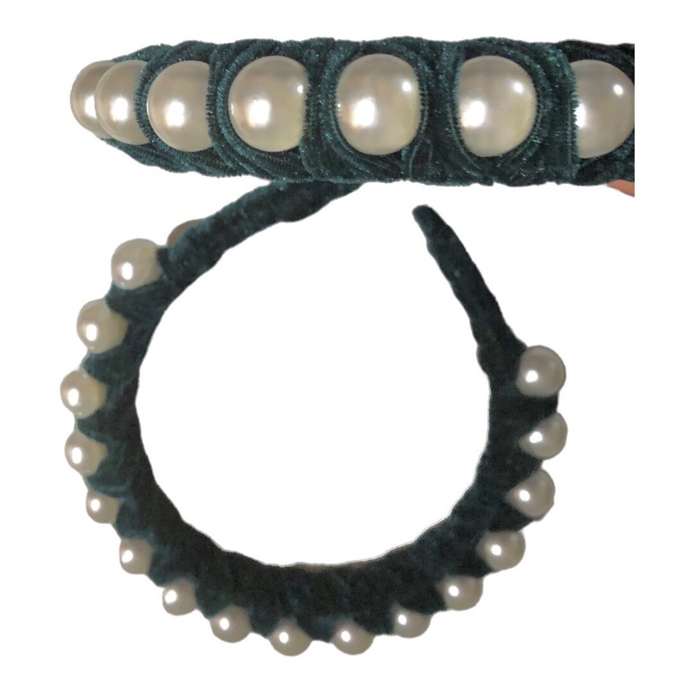 2 pack Green velvet oversized pearl adorned embellished headband new - Picture 8 of 11